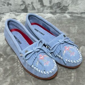 Minnetonka Blue Suede Beaded Moccasin Flats Fringe Bow Slip On Shoes